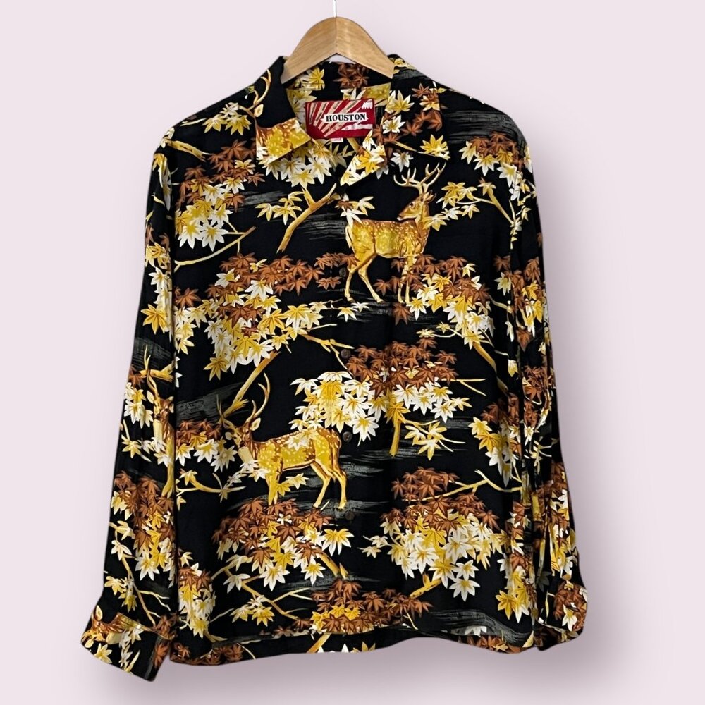Houston Japan Rayon Shirt Large Stag Deer Print Autumn Maple Leaves Black Aloha